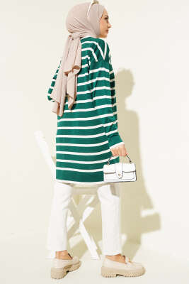 Düğmeli İnce Çizgili Triko Hırka Zümrüt - Triko Hırka