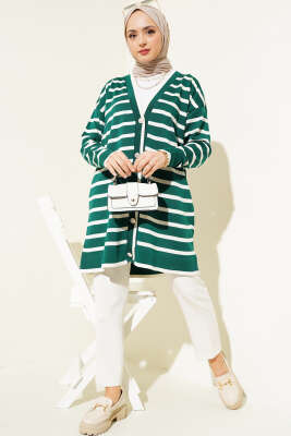Düğmeli İnce Çizgili Triko Hırka Zümrüt - Triko Hırka