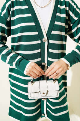 Düğmeli İnce Çizgili Triko Hırka Zümrüt - Triko Hırka