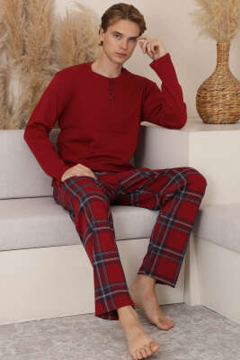 Düğmeli İnterlok Erkek Pijama Takımı Bordo 