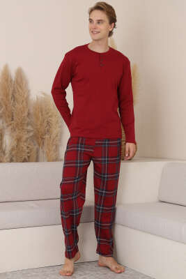 Düğmeli İnterlok Erkek Pijama Takımı Bordo - ERKEK PİJAMA
