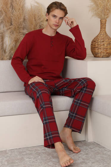 Düğmeli İnterlok Erkek Pijama Takımı Bordo - Pijama