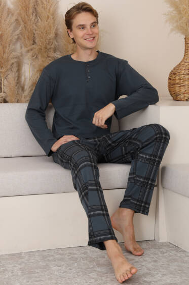 Düğmeli İnterlok Erkek Pijama Takımı Füme - Pijama