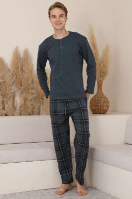 Düğmeli İnterlok Erkek Pijama Takımı Füme - Pijama