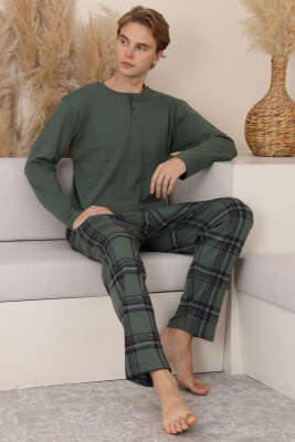 Düğmeli İnterlok Erkek Pijama Takımı Haki - Pijama