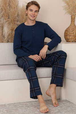 Düğmeli İnterlok Erkek Pijama Takımı Lacivert 