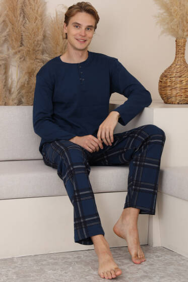 Düğmeli İnterlok Erkek Pijama Takımı Lacivert - Pijama