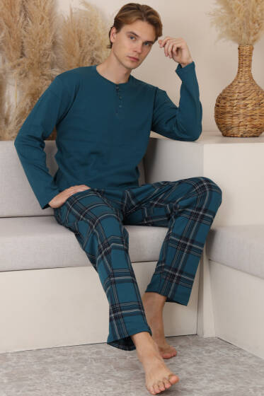 Düğmeli İnterlok Erkek Pijama Takımı Petrol - Pijama
