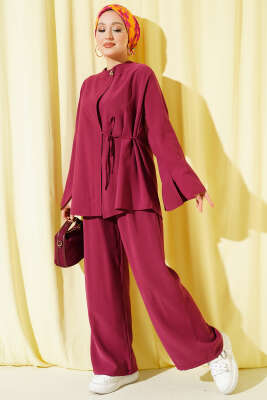 Düğmeli İp Bağlamalı Tensel İkili Takım Bordo - HATUN