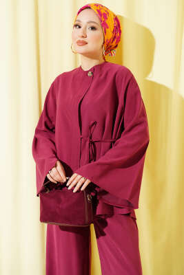 Düğmeli İp Bağlamalı Tensel İkili Takım Bordo - İkili Takım