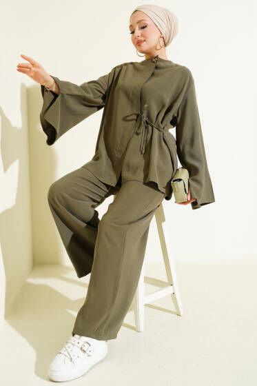 Düğmeli İp Bağlamalı Tensel İkili Takım Haki - İkili Takım