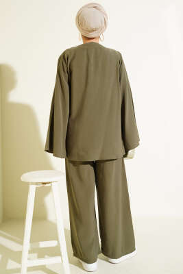 Düğmeli İp Bağlamalı Tensel İkili Takım Haki - İkili Takım