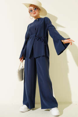 Düğmeli İp Bağlamalı Tensel İkili Takım Lacivert - HATUN