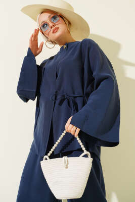 Düğmeli İp Bağlamalı Tensel İkili Takım Lacivert - İkili Takım