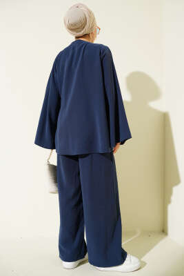 Düğmeli İp Bağlamalı Tensel İkili Takım Lacivert - İkili Takım