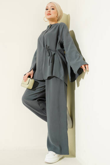 Düğmeli İp Bağlamalı Tensel İkili Takım Petrol - İkili Takım