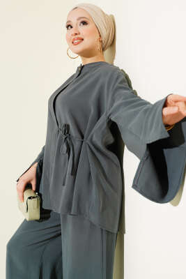 Düğmeli İp Bağlamalı Tensel İkili Takım Petrol - İkili Takım