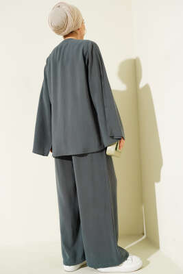 Düğmeli İp Bağlamalı Tensel İkili Takım Petrol - İkili Takım