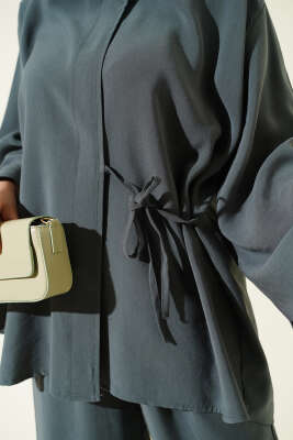 Düğmeli İp Bağlamalı Tensel İkili Takım Petrol - İkili Takım