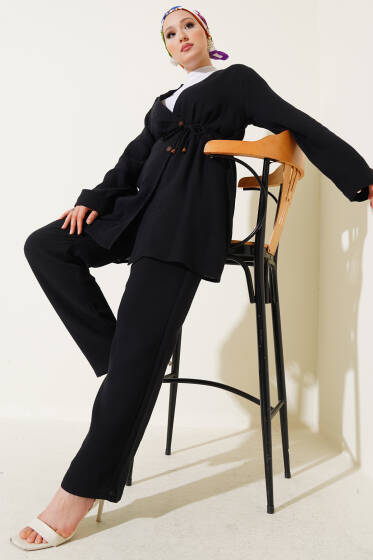 Düğmeli İp Kuşaklı Müslin İkili Takım Siyah - İkili Takım