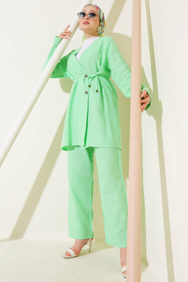 Düğmeli İp Kuşaklı Müslin İkili Takım Su Yeşili - İkili Takım