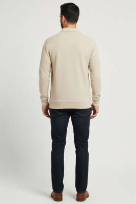 Düğmeli Jakar Şardonlu Erkek Sweatshirt Bej - Yılın Fırsatı