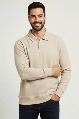 Düğmeli Jakar Şardonlu Erkek Sweatshirt Bej 