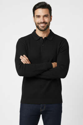 Düğmeli Jakar Şardonlu Erkek Sweatshirt Siyah - FRESHMAN