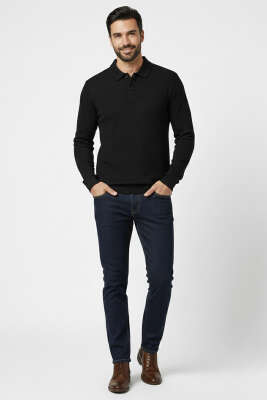 Düğmeli Jakar Şardonlu Erkek Sweatshirt Siyah - Yılın Fırsatı