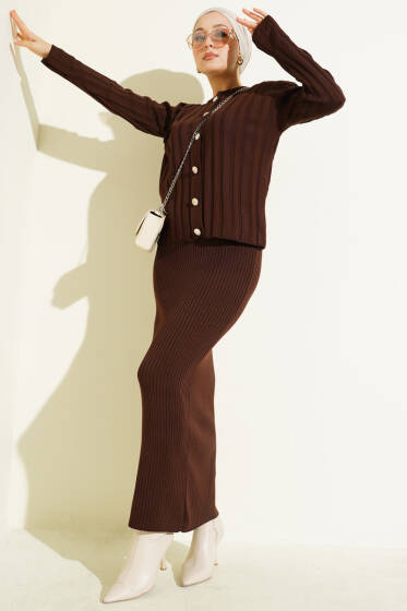 Düğmeli Jileli Triko İkili Takım Kahve - İkili Takım