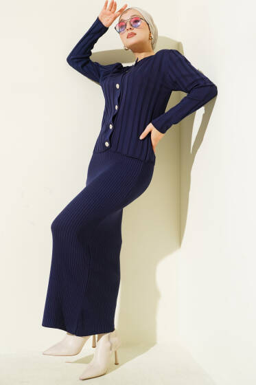 Düğmeli Jileli Triko İkili Takım Lacivert - Kombin