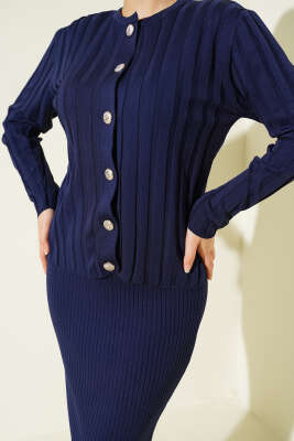 Düğmeli Jileli Triko İkili Takım Lacivert - Kombin