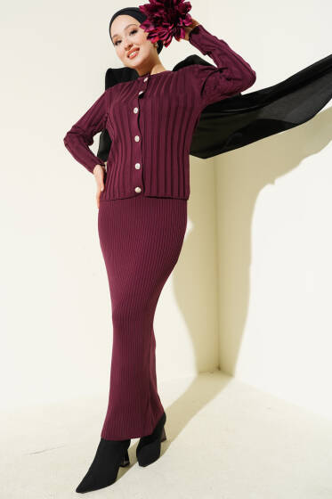 Düğmeli Jileli Triko İkili Takım Mürdüm - İkili Takım