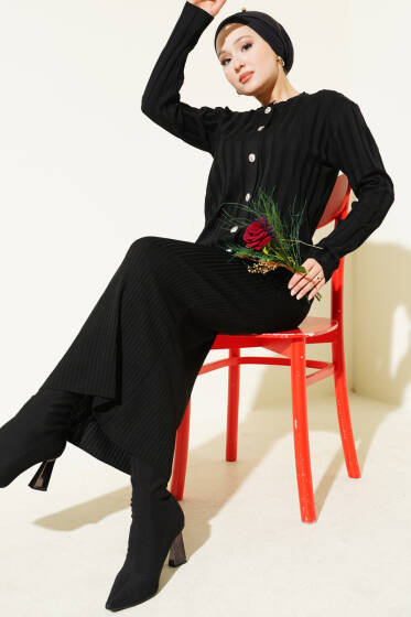 Düğmeli Jileli Triko İkili Takım Siyah - İkili Takım