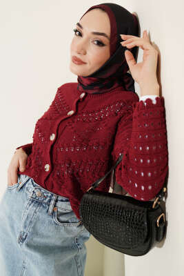 Düğmeli Kabartma Detaylı Kısa Ajurlu Hırka Bordo - RAFİMİX