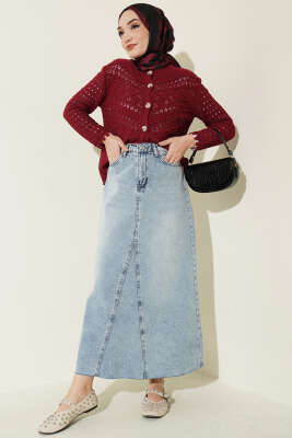 Düğmeli Kabartma Detaylı Kısa Ajurlu Hırka Bordo - Hırka