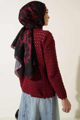 Düğmeli Kabartma Detaylı Kısa Ajurlu Hırka Bordo - Yılın Fırsatı