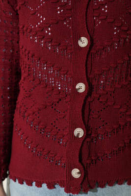 Düğmeli Kabartma Detaylı Kısa Ajurlu Hırka Bordo - Yılın Fırsatı