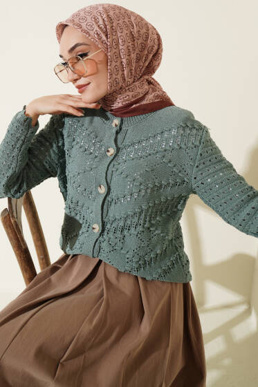 Düğmeli Kabartma Detaylı Kısa Ajurlu Hırka Çağla Yeşili - Hırka