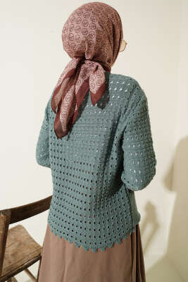 Düğmeli Kabartma Detaylı Kısa Ajurlu Hırka Çağla Yeşili - Hırka