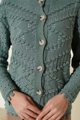 Düğmeli Kabartma Detaylı Kısa Ajurlu Hırka Çağla Yeşili - Yılın Fırsatı