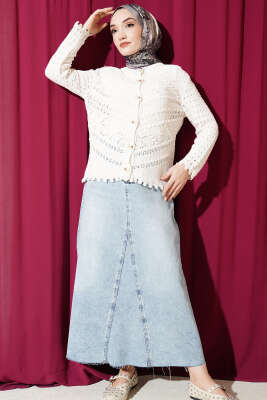 Düğmeli Kabartma Detaylı Kısa Ajurlu Hırka Ekru - Yılın Fırsatı