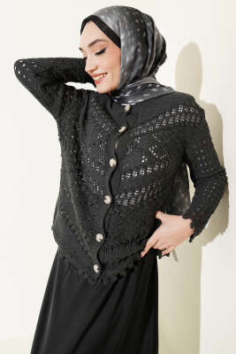 Düğmeli Kabartma Detaylı Kısa Ajurlu Hırka Füme - RAFİMİX