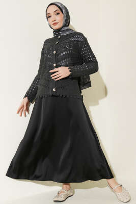 Düğmeli Kabartma Detaylı Kısa Ajurlu Hırka Füme - Yılın Fırsatı