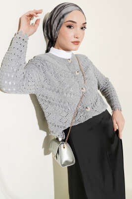 Düğmeli Kabartma Detaylı Kısa Ajurlu Hırka Gri - RAFİMİX
