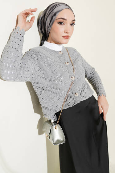 Düğmeli Kabartma Detaylı Kısa Ajurlu Hırka Gri - Hırka