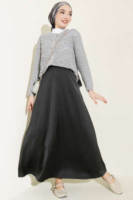 Düğmeli Kabartma Detaylı Kısa Ajurlu Hırka Gri - Hırka