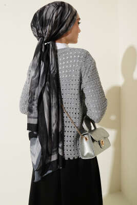 Düğmeli Kabartma Detaylı Kısa Ajurlu Hırka Gri - Hırka