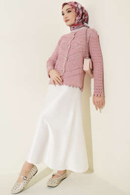 Düğmeli Kabartma Detaylı Kısa Ajurlu Hırka Gül Kurusu - Hırka