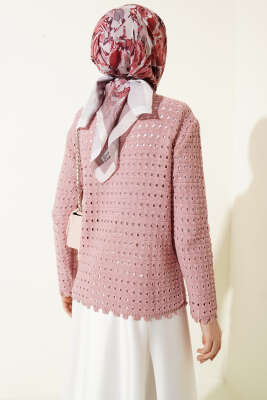 Düğmeli Kabartma Detaylı Kısa Ajurlu Hırka Gül Kurusu - Hırka